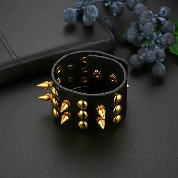 Personality Streetwear Punk Goth Rock Spiked Riveted Wide Leather Cuff Bracelets – Statement Accessories - CaratixJewelry